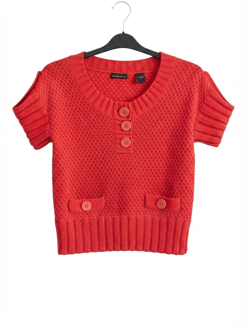 Moda International Bright Red Short Sleeve Knit Pullover with Buttons A4-032